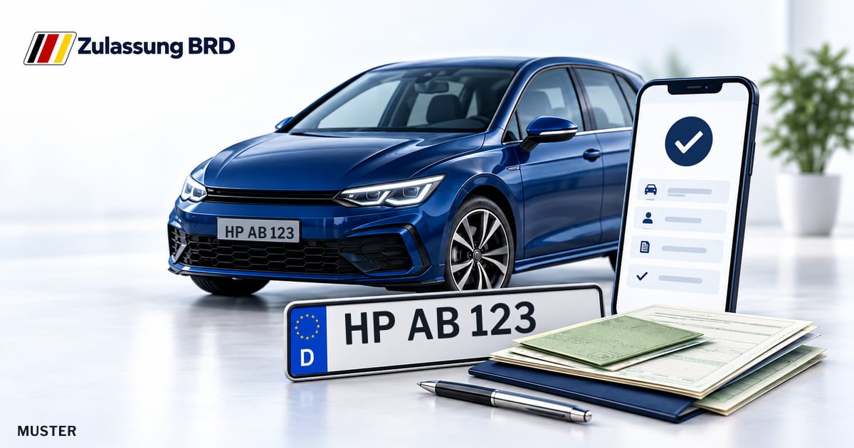 Online Fahrzeugzulassung in Rimbach: Musterkennzeichen HP AB 123, Auto und Fahrzeugpapiere und Smartphone. Illustration mit Logo von Zulassung BRD.